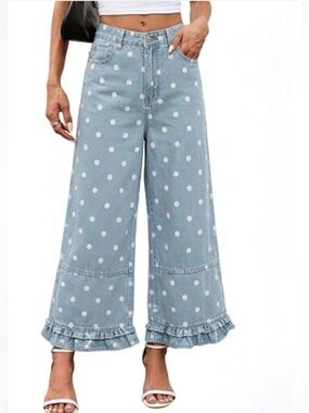 Polka Dot Wide-Leg Jeans with Ruffle Hem - Light Blue